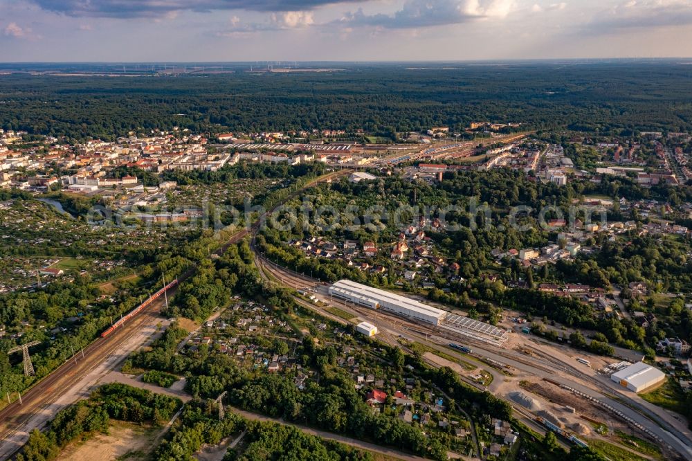 Eberswalde from the bird's eye view: Railway depot and repair shop for maintenance and repair of trains ODIG in Eberswalde in the state Brandenburg, Germany