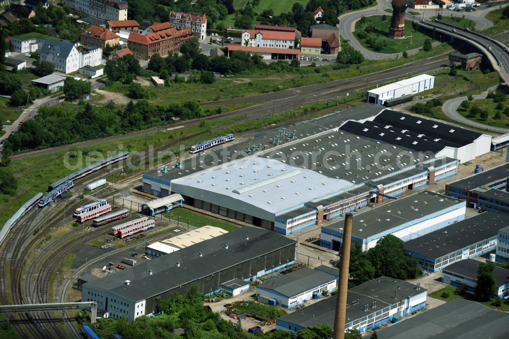 Halberstadt from the bird's eye view: Railway depot and repair shop for maintenance and repair of trains on street Magdeburger Strasse in Halberstadt in the state Saxony-Anhalt, Germany