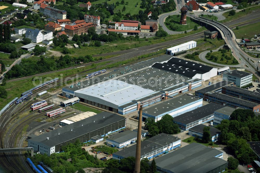 Aerial photograph Halberstadt - Railway depot and repair shop for maintenance and repair of trains on street Magdeburger Strasse in Halberstadt in the state Saxony-Anhalt, Germany