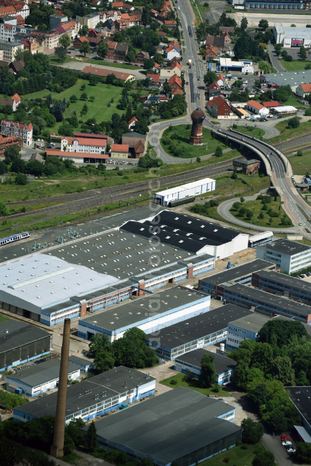 Halberstadt from the bird's eye view: Railway depot and repair shop for maintenance and repair of trains on street Magdeburger Strasse in Halberstadt in the state Saxony-Anhalt, Germany