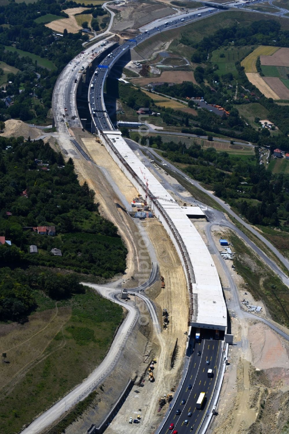 Würzburg from above - New construction of the route in the course of the motorway tunnel construction of the BAB A 3 in the district Heidingsfeld in Wuerzburg in the state Bavaria, Germany