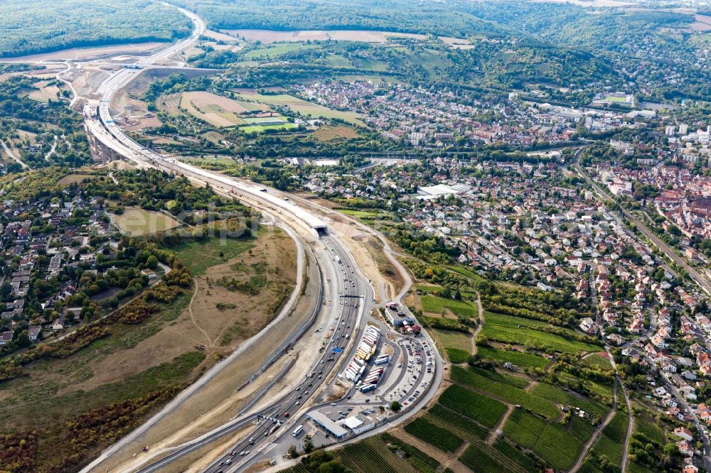 Würzburg from the bird's eye view: New construction of the route in the course of the motorway tunnel construction of the BAB A 3 in the district Heidingsfeld in Wuerzburg in the state Bavaria, Germany