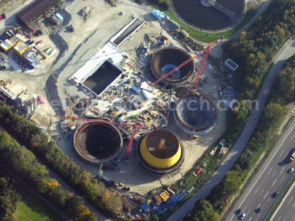 München from above - Construktion site of sewage works Basin and purification steps for waste water treatment of Klaerwerk Gut Grosslappen in Munich in the state Bavaria, Germany