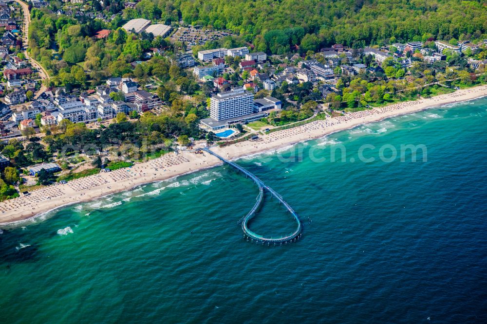 Timmendorfer Strand from above - New construction of the treads and construction of the pier over the water surface of the Baltic Sea on the Strandallee street in Timmendorfer Strand on the Baltic Sea coast in the state Schleswig-Holstein, Germany