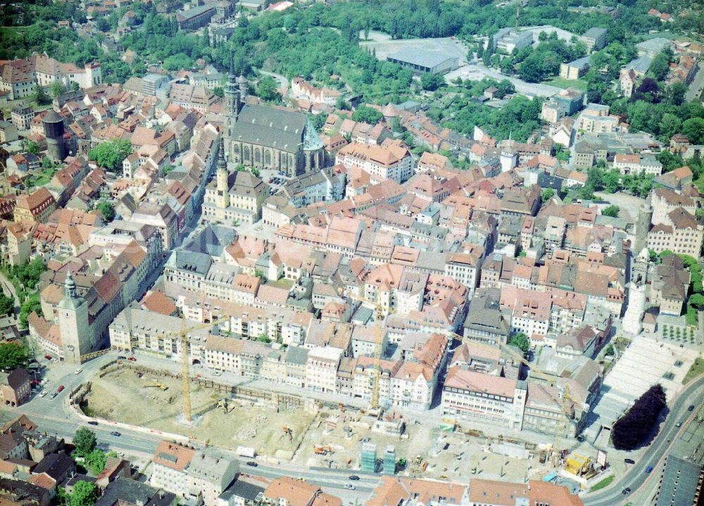 Bautzen from the bird's eye view: Construction site of building of the shopping center Kornmarkt-Center in Bautzen in the state Saxony, Germany