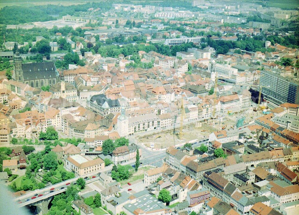 Bautzen from the bird's eye view: Construction site of building of the shopping center Kornmarkt-Center in Bautzen in the state Saxony, Germany