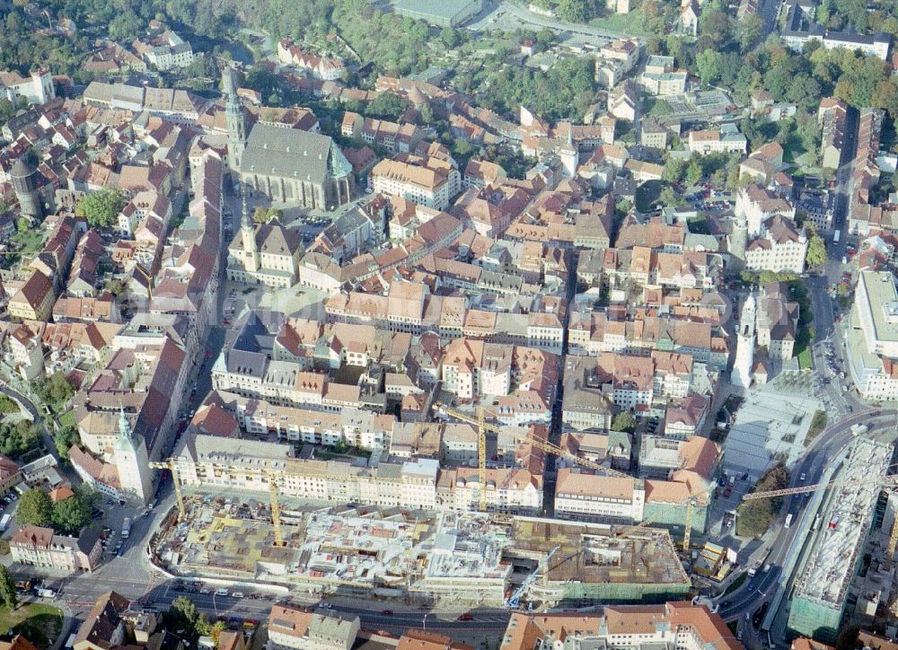 Bautzen from the bird's eye view: Construction site of building of the shopping center Kornmarkt-Center in Bautzen in the state Saxony, Germany