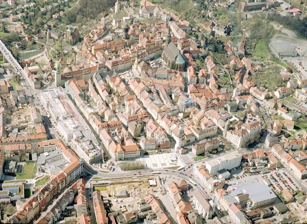 Bautzen from above - Construction site of building of the shopping center Kornmarkt-Center in Bautzen in the state Saxony, Germany