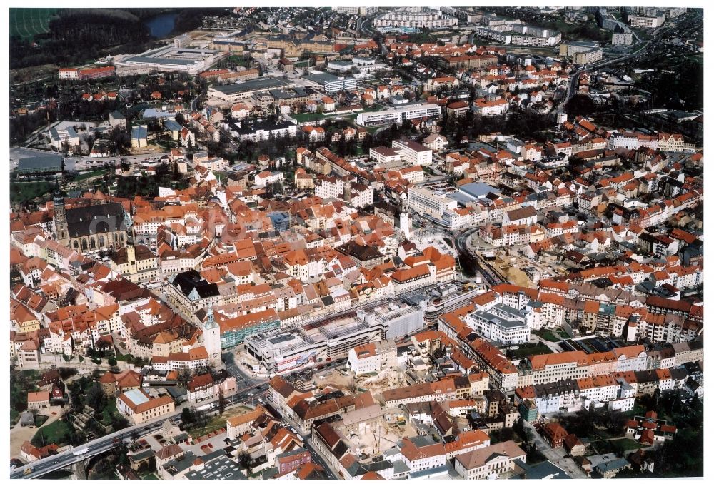 Bautzen from the bird's eye view: Construction site of building of the shopping center Kornmarkt-Center in Bautzen in the state Saxony, Germany