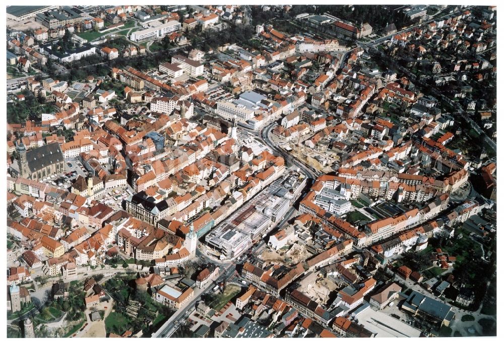 Bautzen from the bird's eye view: Construction site of building of the shopping center Kornmarkt-Center in Bautzen in the state Saxony, Germany