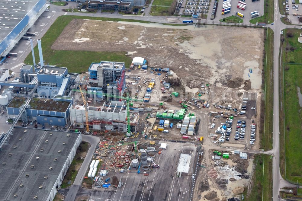 Aerial image Wörth am Rhein - Construction of the new gas- hydrogen-power plant at paer mill Papierfabrik Palm GmbH & Co. KG in the district Industriegebiet Woerth-Oberwald in Woerth am Rhein in the state Rhineland-Palatinate