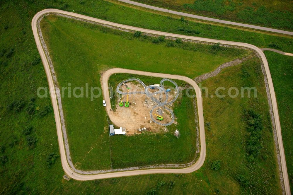 Aerial image Duisburg - Construction of the sculpture Tiger and Turtle Magic on Heinrich-Hildebrand-Hoehe in Angerpark in Duisburg in North Rhine-Westphalia. tigerandturtle.duisburg.de