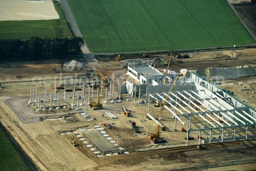 Cloppenburg from the bird's eye view: Construction site for the new building Lidl- Central warehouse and logistics center at Brookweg in Cloppenburg in the state Lower Saxony