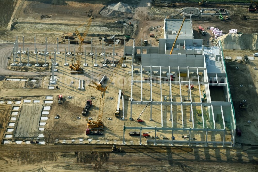 Cloppenburg from the bird's eye view: Construction site for the new building Lidl- Central warehouse and logistics center at Brookweg in Cloppenburg in the state Lower Saxony