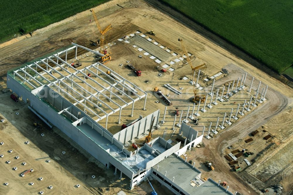 Cloppenburg from the bird's eye view: Construction site for the new building Lidl- Central warehouse and logistics center at Brookweg in Cloppenburg in the state Lower Saxony