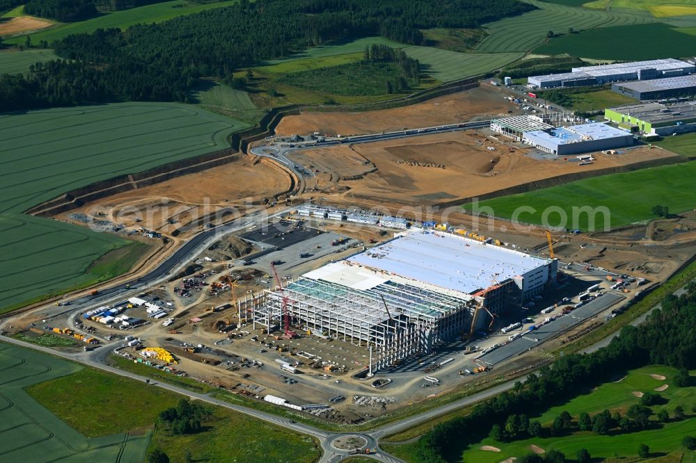 Hof from the bird's eye view: Construction site to build a new building complex on the site of the logistics center Amazon Warenlager in Gewerbepark Hochfranken in the district Gumpertsreuth in Hof in the state Bavaria, Germany