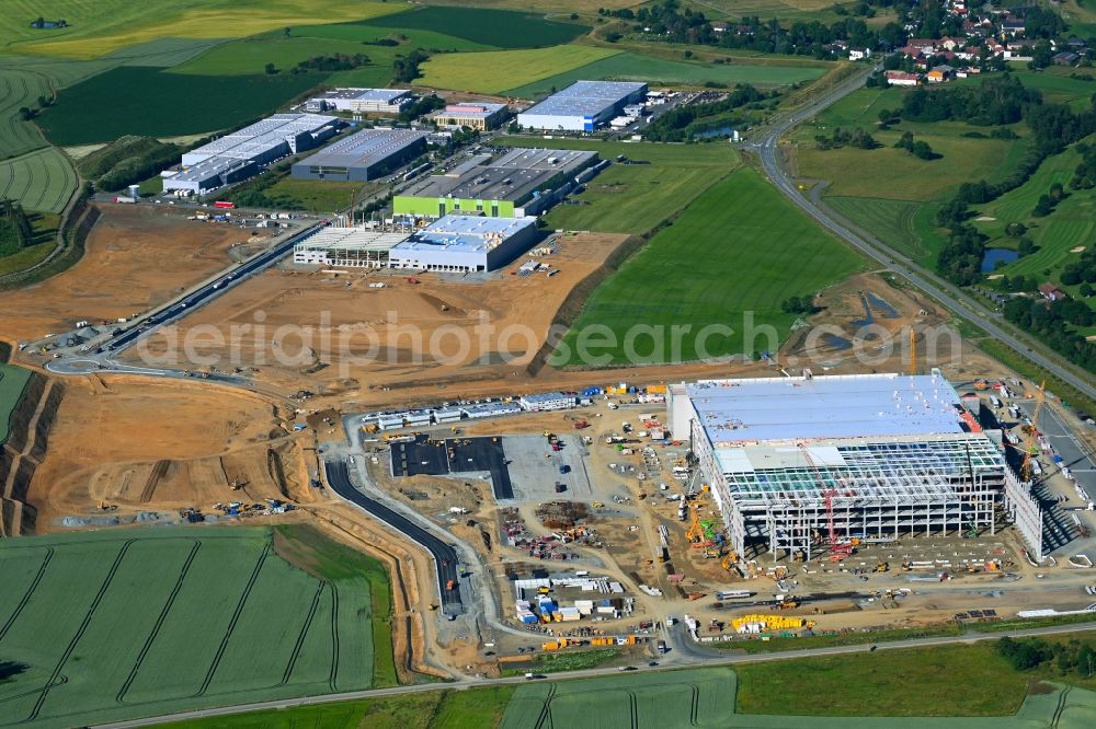 Aerial image Hof - Construction site to build a new building complex on the site of the logistics center Amazon Warenlager in Gewerbepark Hochfranken in the district Gumpertsreuth in Hof in the state Bavaria, Germany