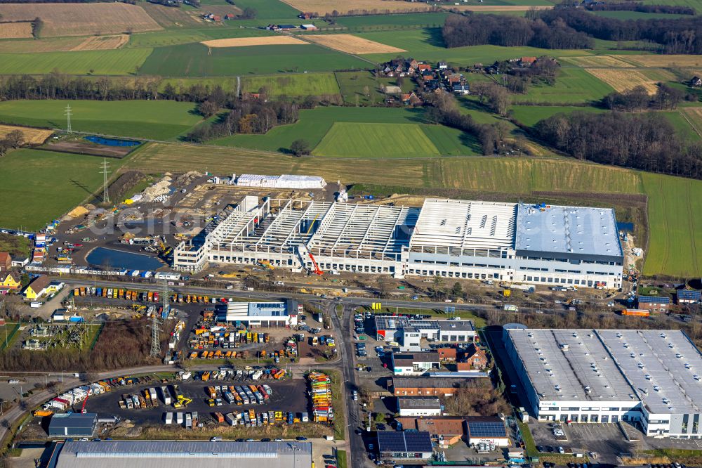 Selm from the bird's eye view: Construction site to build a new building complex on the site of the logistics center Cordes & Graefe on street Werner Strasse in Selm in the state North Rhine-Westphalia, Germany