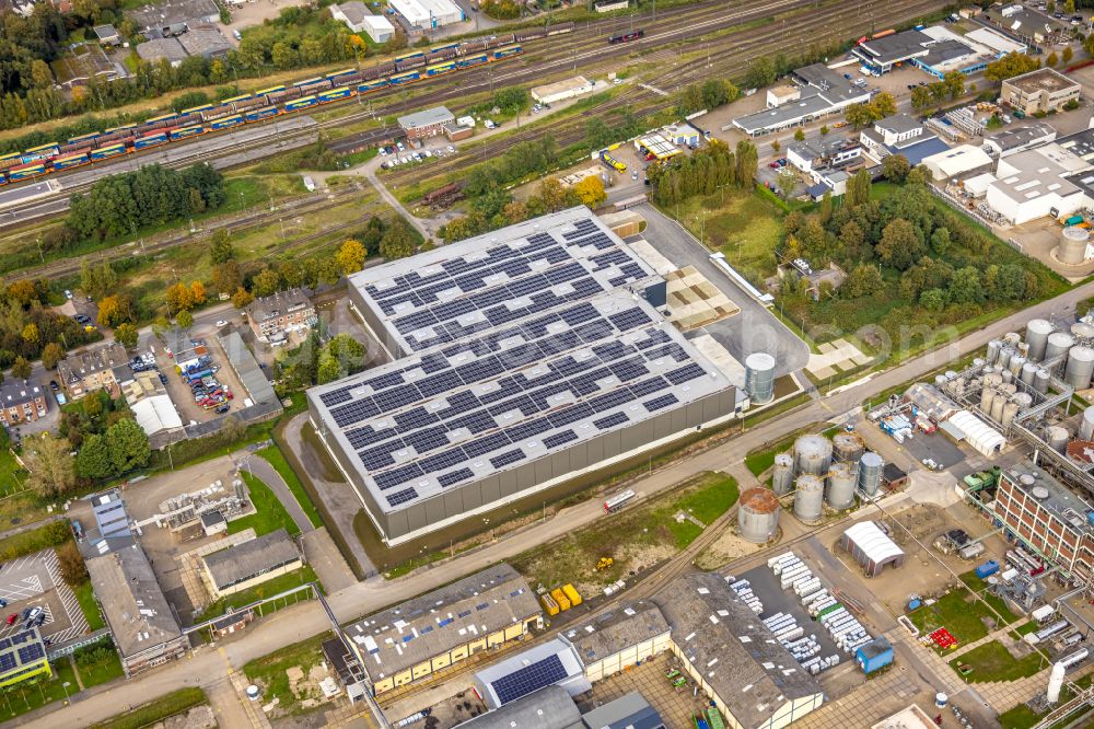 Emmerich am Rhein from the bird's eye view: Construction site for the new building complex on the site of the logistics center of Hillwood Germany GmbH on Reeser Strasse - Industrasseiestrasse in the district of Huethum in Emmerich am Rhein in the federal state of North Rhine-Westphalia, Germany