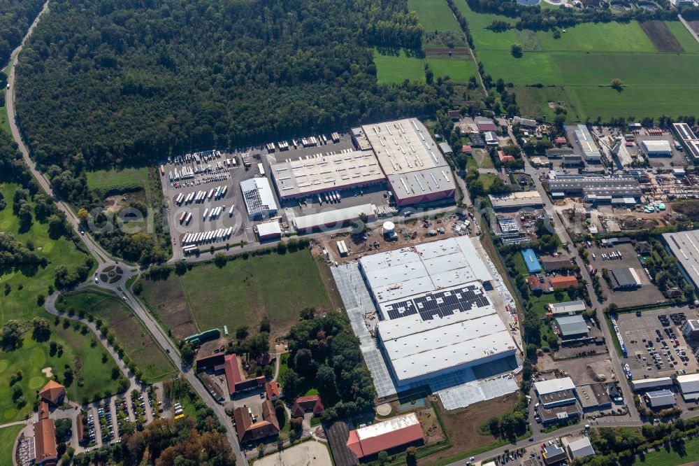 Essingen from above - Construction site to build a new building complex on the site of the logistics center of Garten- and Baumarktkette Hornbach on street Waldstrasse in Essingen in the state Rhineland-Palatinate, Germany