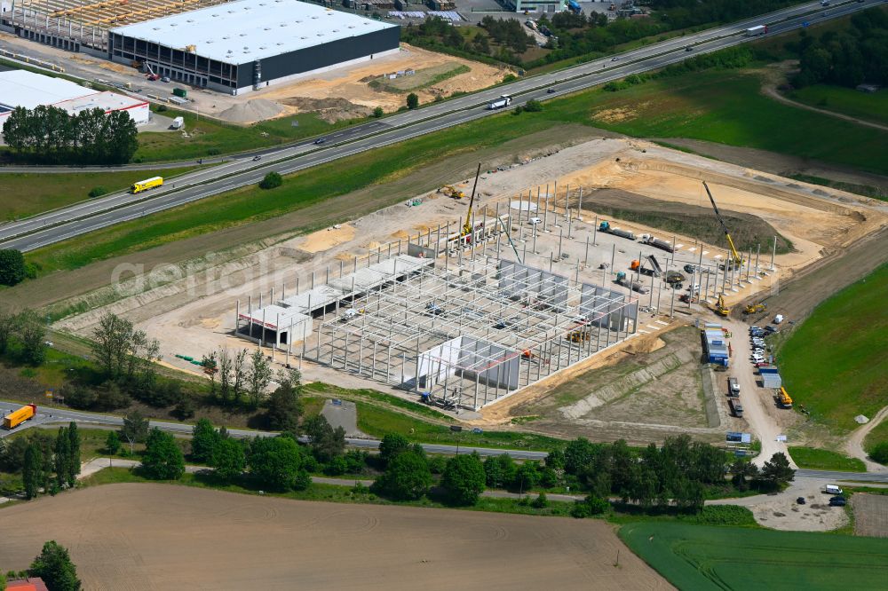 Aerial photograph Wittenburg - Construction site to build a new building complex on the site of the logistics center Kuehne + Nagel on street Hagenower Chaussee in Wittenburg in the state Mecklenburg - Western Pomerania, Germany