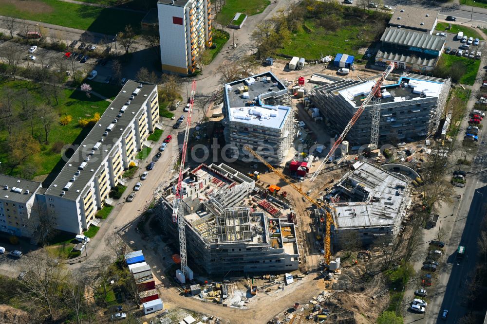 Aerial image Halle (Saale) - Construction site to build a new multi-family residential complex on Begonienstrasse - Muldestrasse in the district Noerdliche Neustadt in Halle (Saale) in the state Saxony-Anhalt, Germany