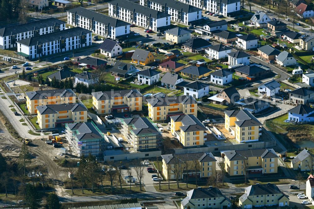 Bernau from the bird's eye view: Construction site to build a new multi-family residential complex on street Kaethe-Paulus-Strasse in Bernau in the state Brandenburg, Germany