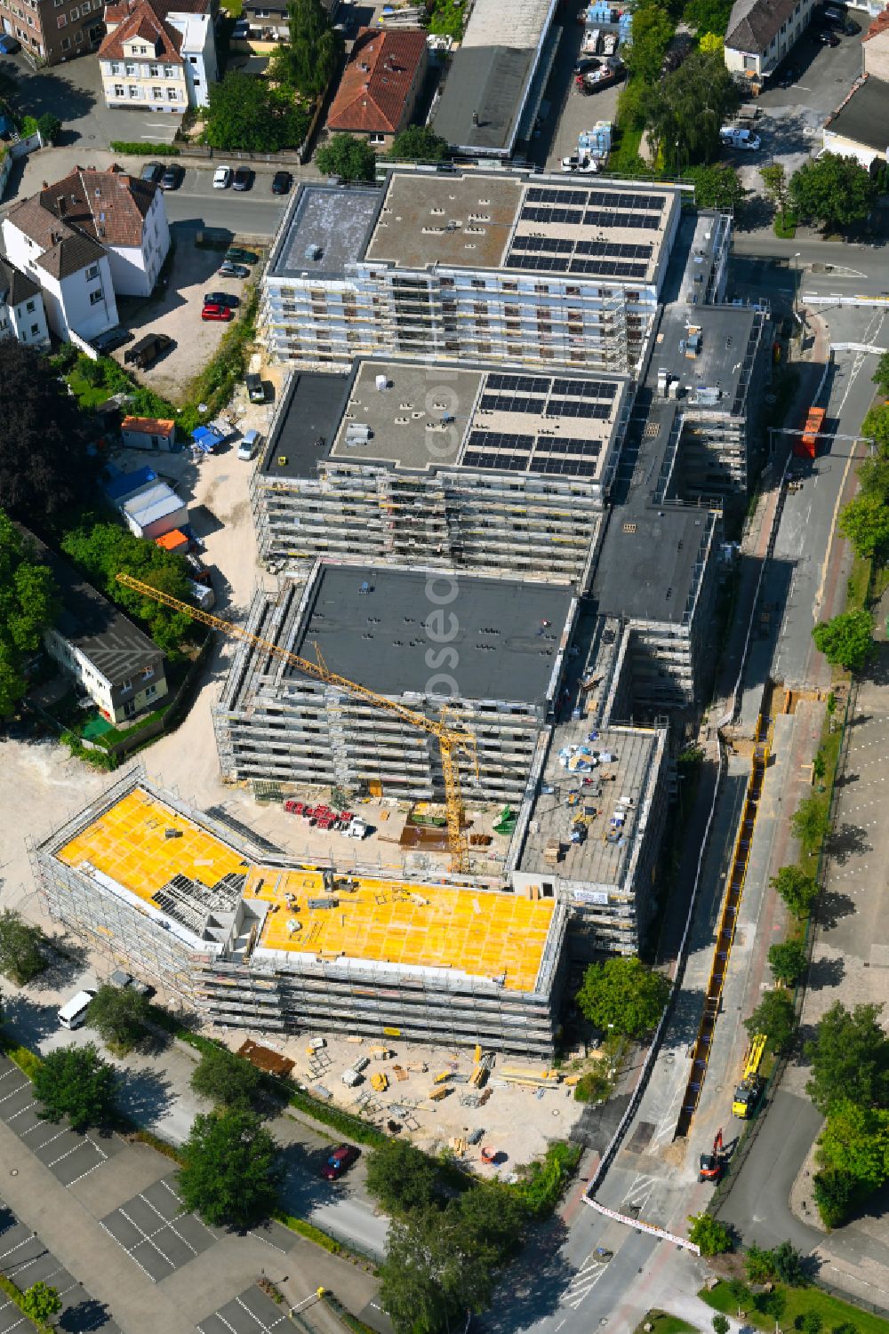 Bielefeld from the bird's eye view: Construction site to build a new multi-family residential complex on street Sudbrackstrasse - Mielestrasse in the district Mitte in Bielefeld in the state North Rhine-Westphalia, Germany