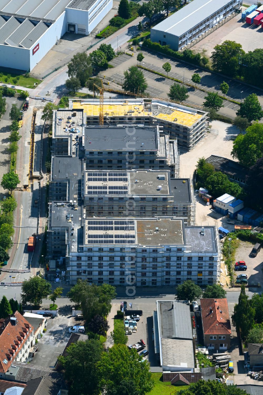 Bielefeld from the bird's eye view: Construction site to build a new multi-family residential complex on street Sudbrackstrasse - Mielestrasse in the district Mitte in Bielefeld in the state North Rhine-Westphalia, Germany