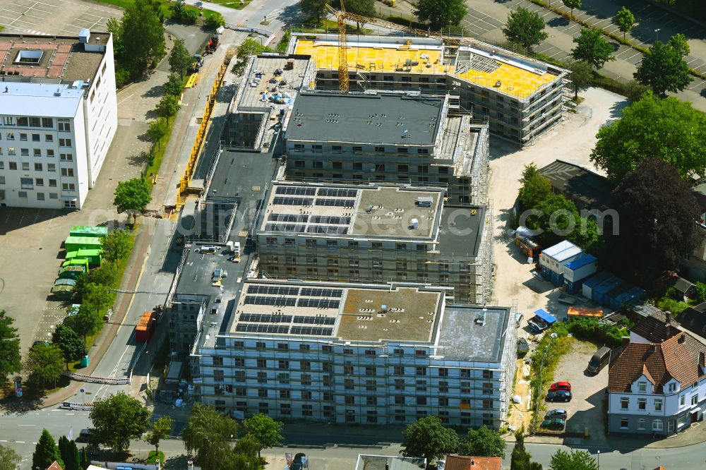 Aerial image Bielefeld - Construction site to build a new multi-family residential complex on street Sudbrackstrasse - Mielestrasse in the district Mitte in Bielefeld in the state North Rhine-Westphalia, Germany