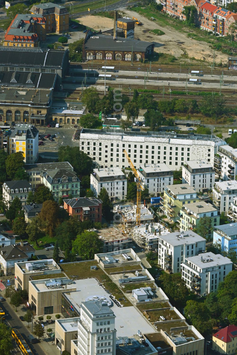 Aerial photograph Dresden - Construction site to build a new multi-family residential complex on street Erna-Berger-Strasse in the district Neustadt in Dresden in the state Saxony, Germany