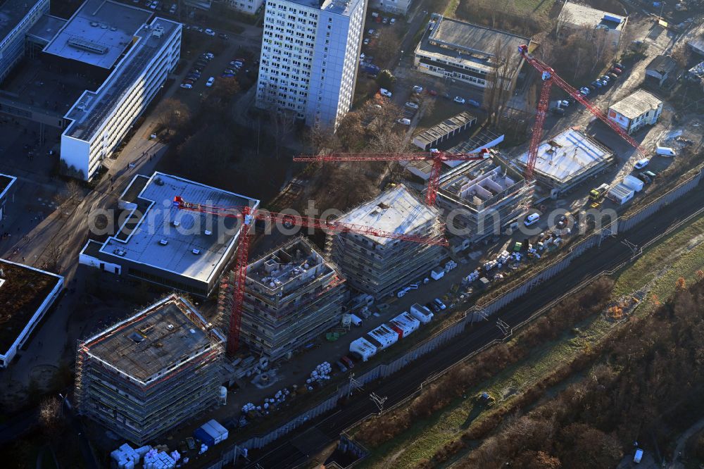 Leipzig from the bird's eye view: Construction site to build a new multi-family residential complex Doesner Weg in Leipzig in the state Saxony, Germany