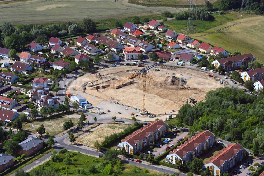 Schwanebeck from above - Construction site to build a new multi-family residential complex Am Eichenring in Schwanebeck in the state Brandenburg, Germany