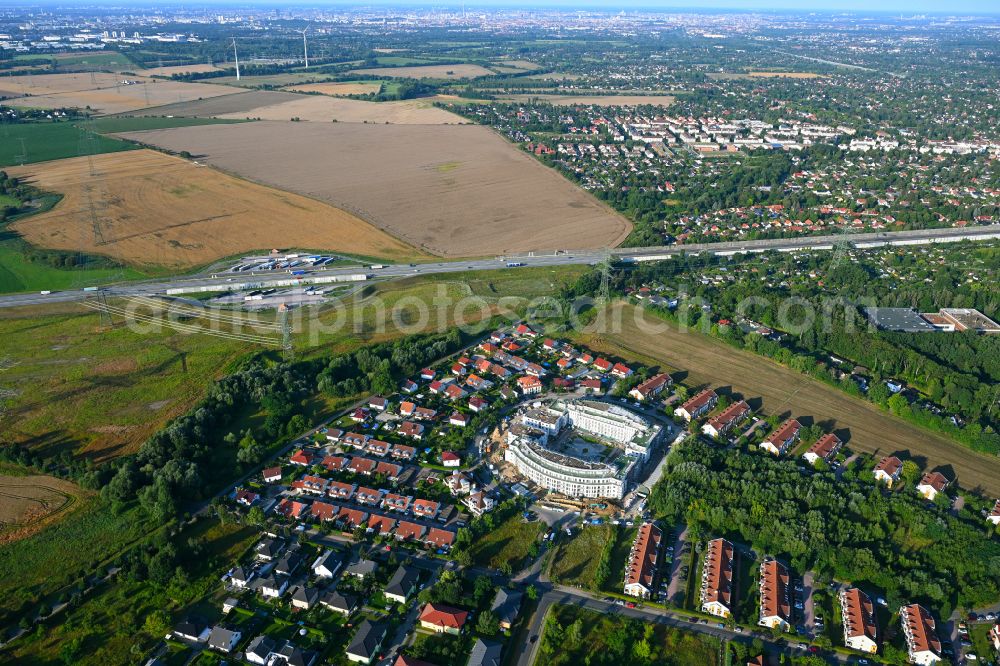 Schwanebeck from the bird's eye view: Construction site to build a new multi-family residential complex Am Eichenring in Schwanebeck in the state Brandenburg, Germany