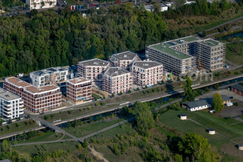 Aerial photograph Leipzig - Construction site to build a new multi-family residential complex HAFEN EINS Leipzig and Lido Leipzig on Lindenauer Hafen on Hafenstrasse in the district Schoenau in Leipzig in the state Saxony, Germany