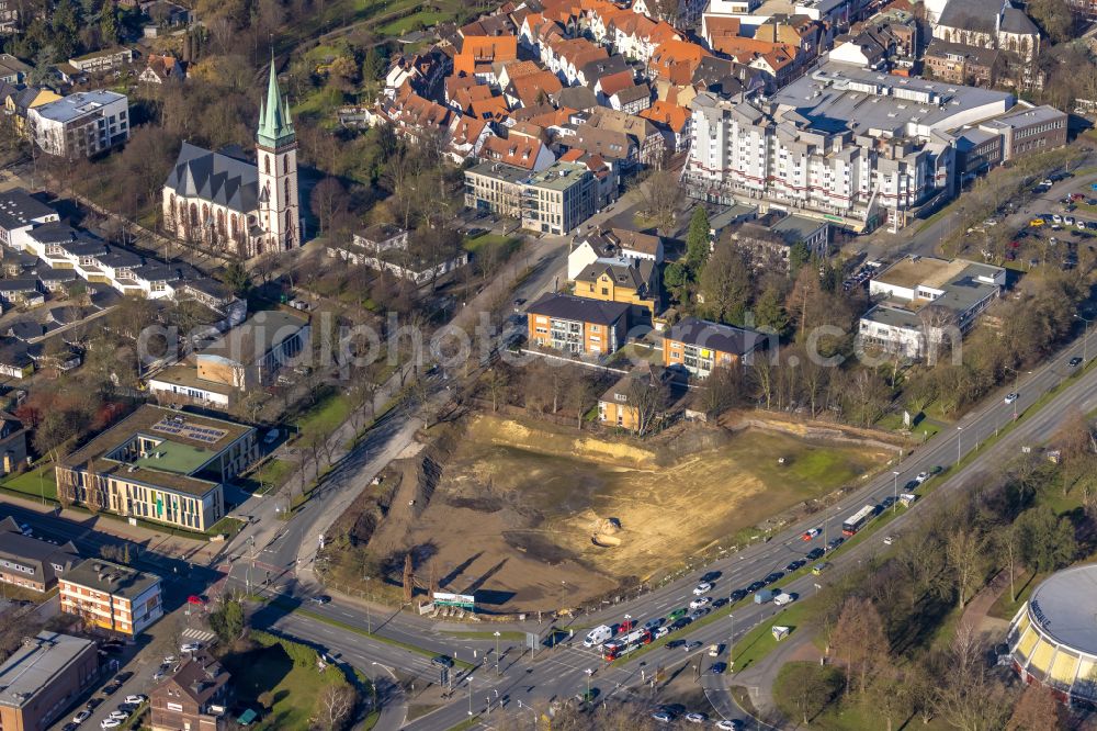 Aerial image Lünen - Construction site for the new construction of a multi-family residential complex at Kurt-Schumacher-Strasse corner Lange Strasse in Luenen in the Ruhr area in the federal state of North Rhine-Westphalia, Germany