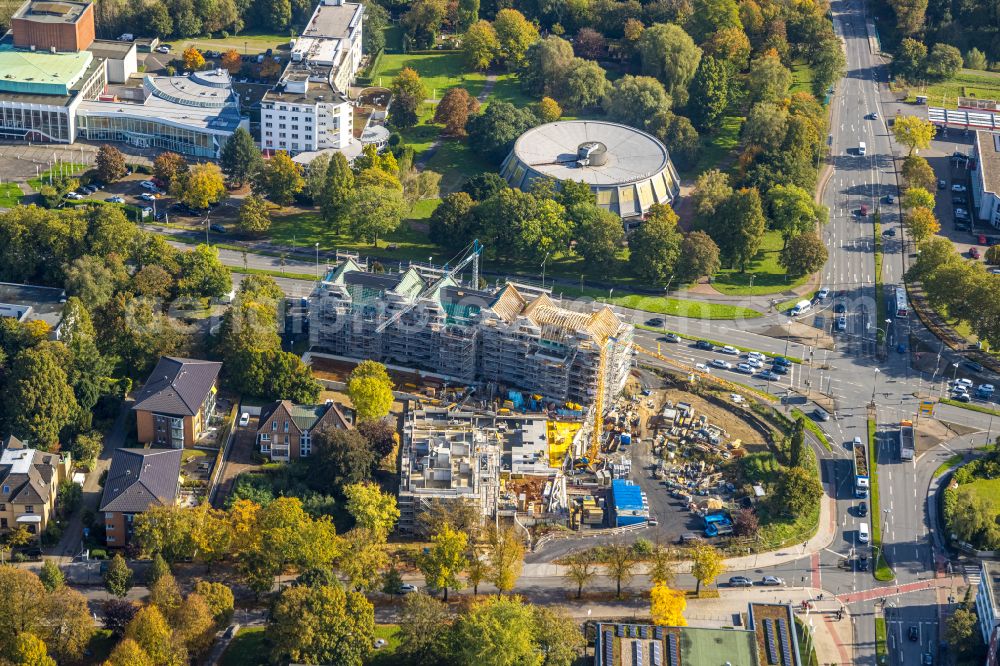 Lünen from the bird's eye view: Construction site for the new construction of a multi-family residential complex at Kurt-Schumacher-Strasse corner Lange Strasse in Luenen in the Ruhr area in the federal state of North Rhine-Westphalia, Germany