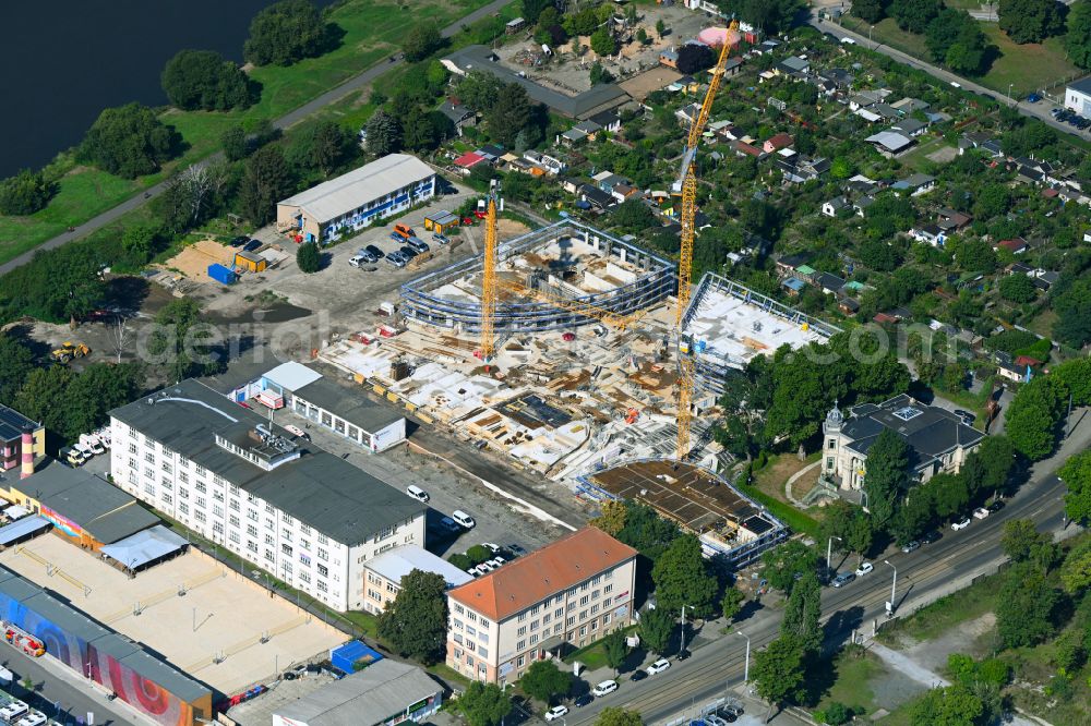 Dresden from above - Construction site to build a new multi-family residential complex Marina Garden on place Alexander-Puschkin-Platz in Dresden in the state Saxony, Germany