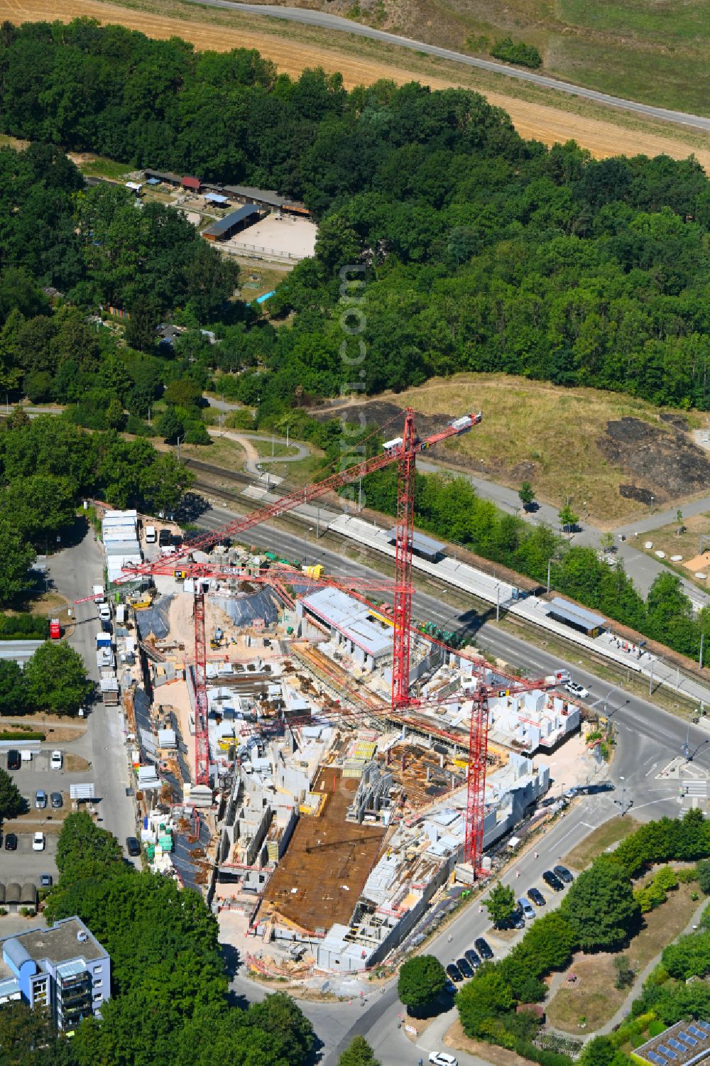 Stuttgart from above - Construction site to build a new multi-family residential complex Am Eschbach on street Adalbert-Stifter-Strasse - Moenchfeldstrasseasse in the district Freiberg in Stuttgart in the state Baden-Wuerttemberg, Germany