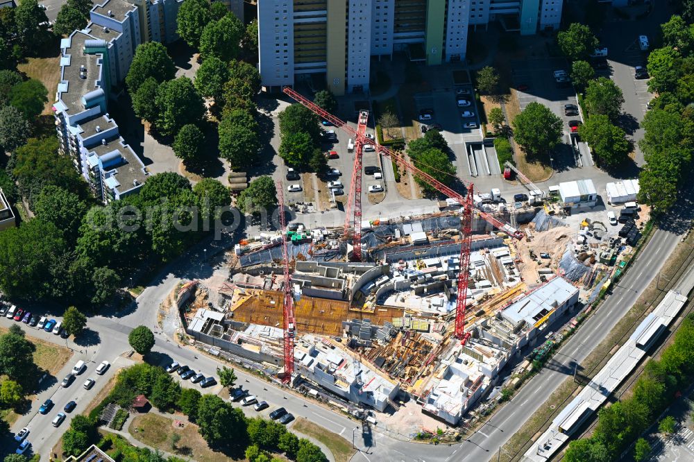 Stuttgart from the bird's eye view: Construction site to build a new multi-family residential complex Am Eschbach on street Adalbert-Stifter-Strasse - Moenchfeldstrasseasse in the district Freiberg in Stuttgart in the state Baden-Wuerttemberg, Germany