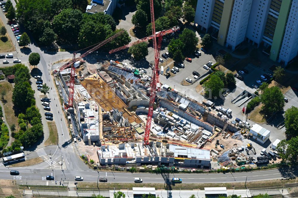 Stuttgart from above - Construction site to build a new multi-family residential complex Am Eschbach on street Adalbert-Stifter-Strasse - Moenchfeldstrasseasse in the district Freiberg in Stuttgart in the state Baden-Wuerttemberg, Germany