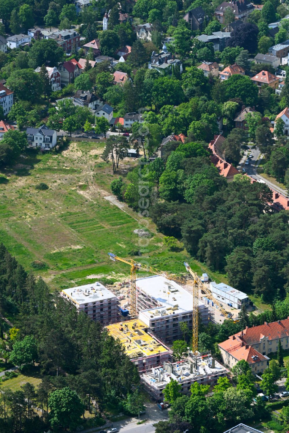 Aerial image Berlin - Construction site to build a new multi-family residential complex on street Plueschowstrasse - Sven-Hedin-Strasse in the district Zehlendorf in Berlin, Germany