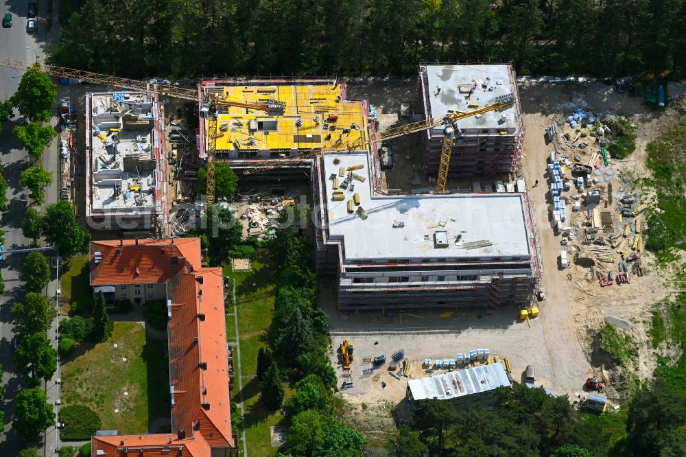 Berlin from the bird's eye view: Construction site to build a new multi-family residential complex on street Plueschowstrasse - Sven-Hedin-Strasse in the district Zehlendorf in Berlin, Germany