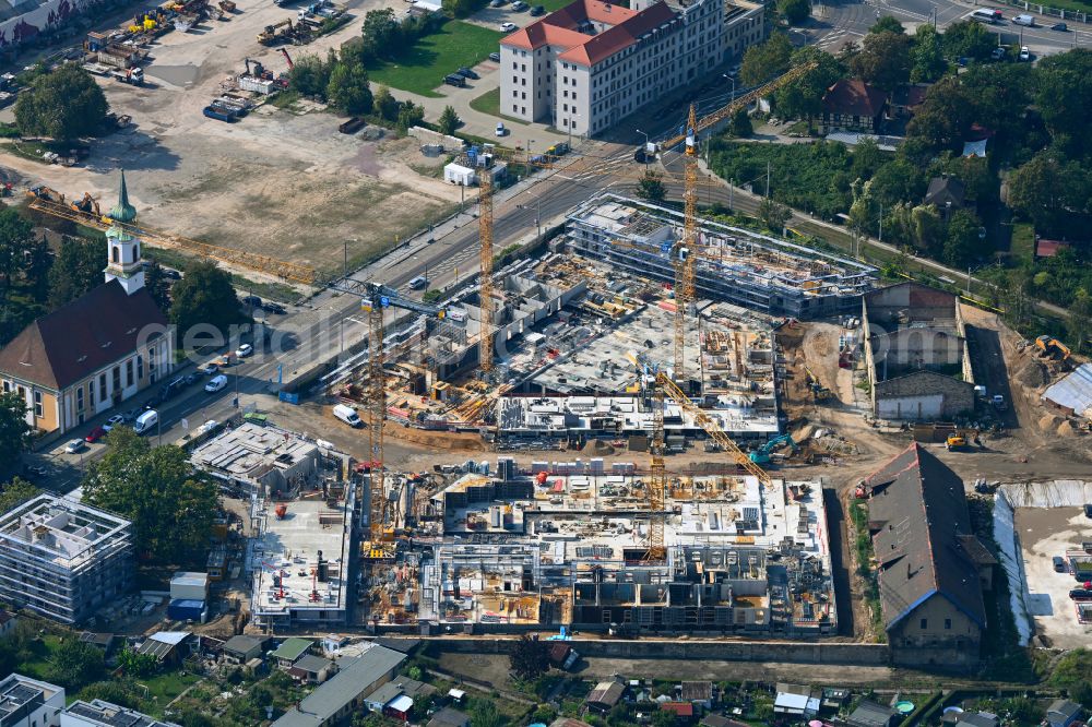 Dresden from above - Construction site to build a new multi-family residential complex Ostravorwerk on street Friedrichstrasse - Vorwerkstrasse in the district Friedrichstadt in Dresden in the state Saxony, Germany