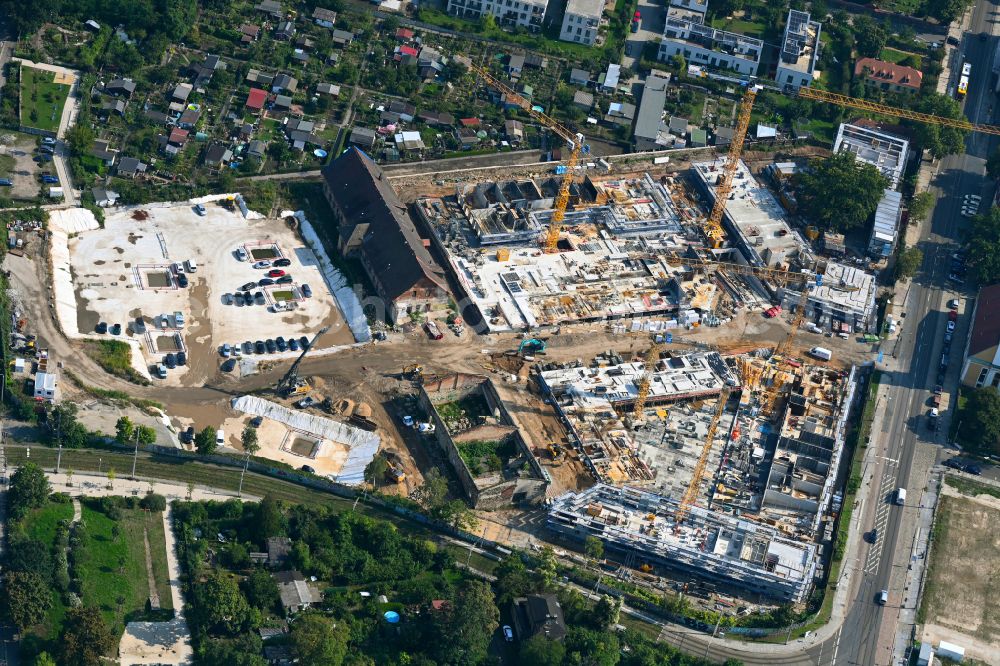 Dresden from above - Construction site to build a new multi-family residential complex Ostravorwerk on street Friedrichstrasse - Vorwerkstrasse in the district Friedrichstadt in Dresden in the state Saxony, Germany