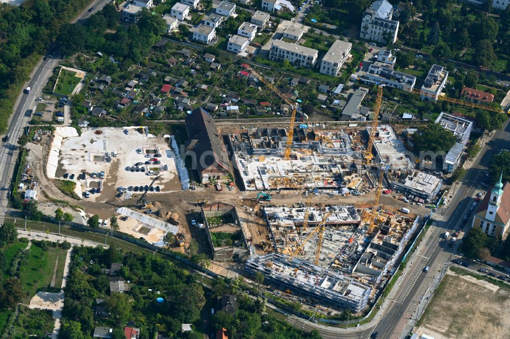 Dresden from the bird's eye view: Construction site to build a new multi-family residential complex Ostravorwerk on street Friedrichstrasse - Vorwerkstrasse in the district Friedrichstadt in Dresden in the state Saxony, Germany