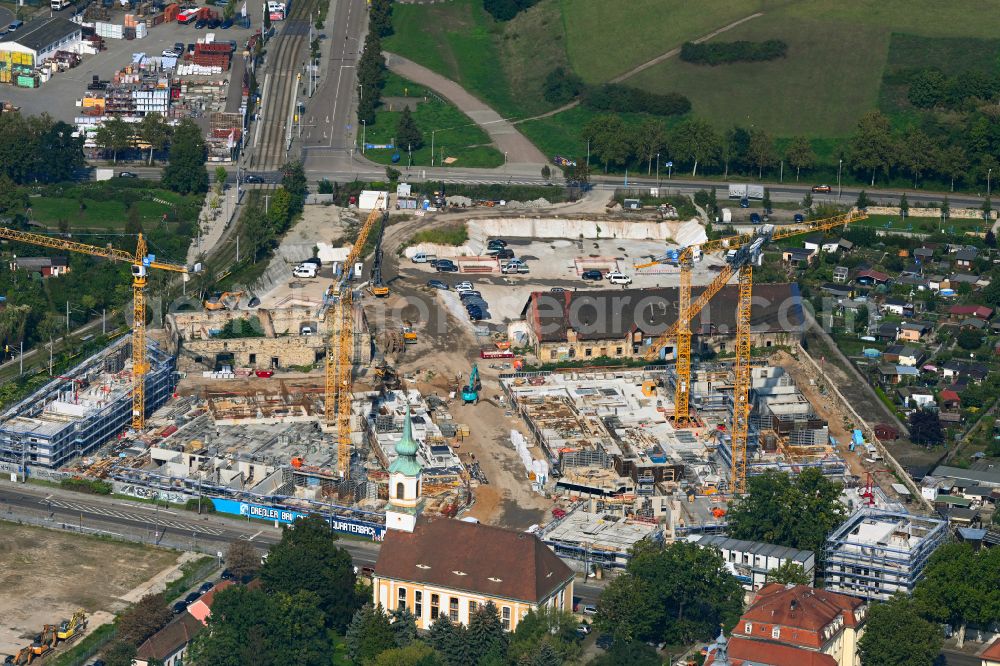 Dresden from the bird's eye view: Construction site to build a new multi-family residential complex Ostravorwerk on street Friedrichstrasse - Vorwerkstrasse in the district Friedrichstadt in Dresden in the state Saxony, Germany