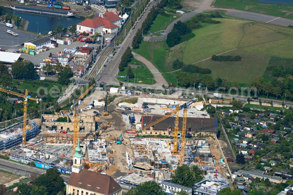 Aerial image Dresden - Construction site to build a new multi-family residential complex Ostravorwerk on street Friedrichstrasse - Vorwerkstrasse in the district Friedrichstadt in Dresden in the state Saxony, Germany