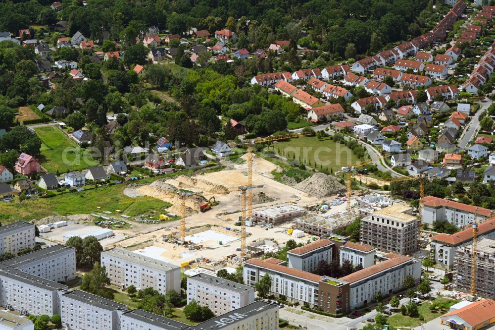 Falkensee from above - Construction site to build a new multi-family residential complex Schwarzbrunner Strasse - Rotkehlchenstrasse on street Falkenstrasse in Falkensee in the state Brandenburg, Germany