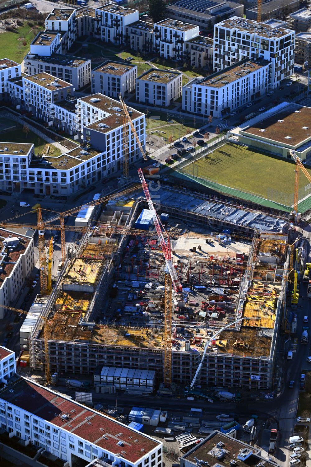 Aerial photograph München - Construction site to build a new multi-family residential complex Patio PASING on street Berduxstrasse - Hermine-von-Parish-Strasse in the district Pasing-Obermenzing in Munich in the state Bavaria, Germany